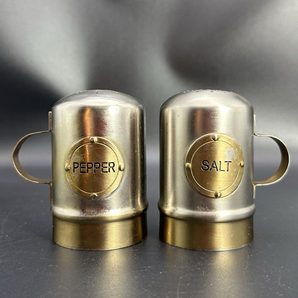 Vintage Stainless Steel Salt Pepper Shakers Brutalist Metal Set MCM Loft